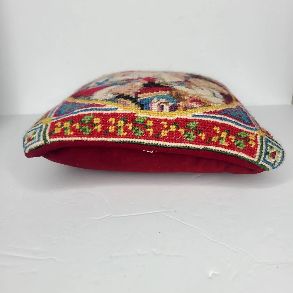 Vintage Christmas Needlepoint Santa and Children‎ Small Accent Pillow